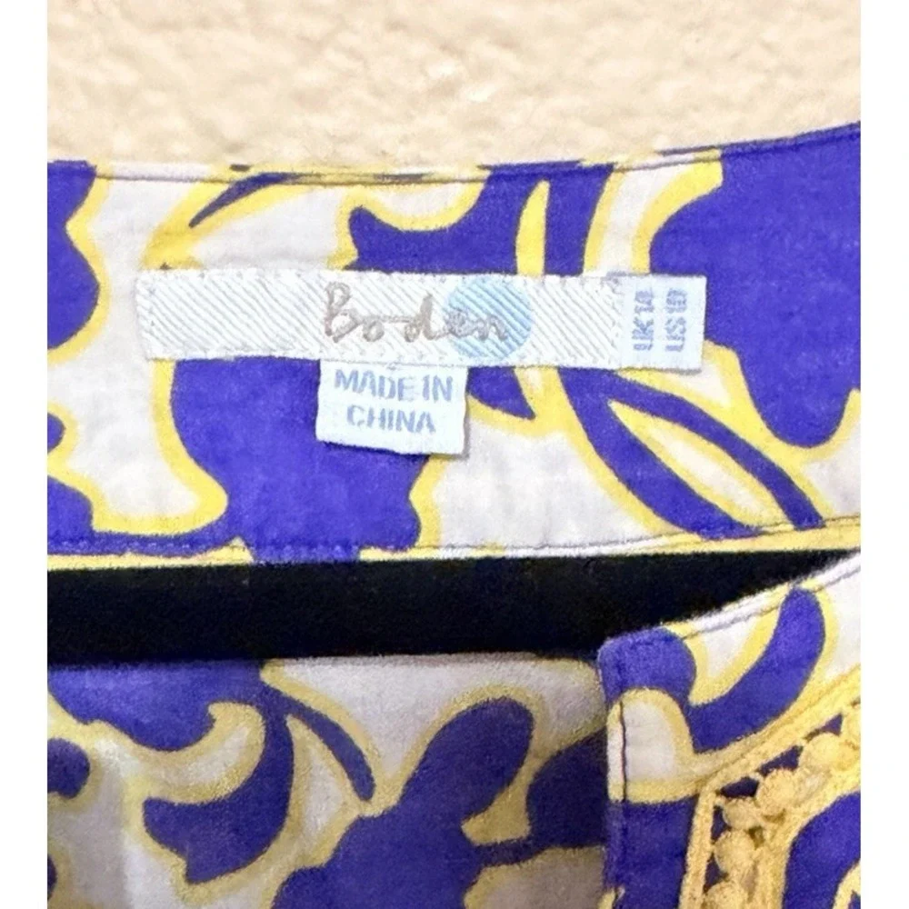 Boden Top SZ 10 Kaftan Tunic 3/4 Sleeve Cotton Lagenlook Coastal Purple Yellow - Picture 3 of 6